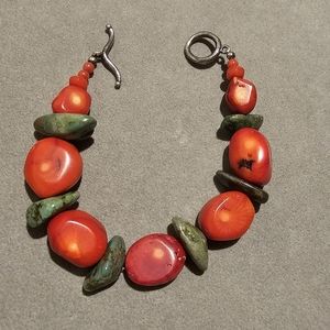 Signed Barse Sterling Silver 925 Chunky Red Coral Green Turquoise Bracelet